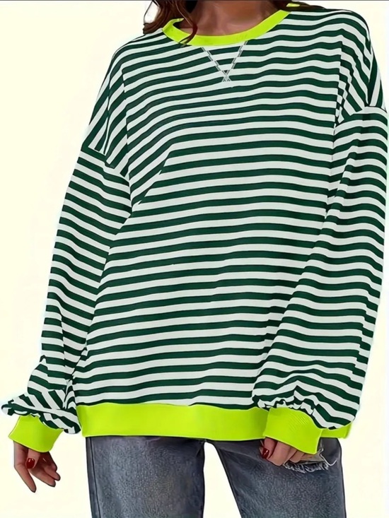 Sweaters - Green Tan Striped Neon Pullover Crewneck Sweater M/L Oversized